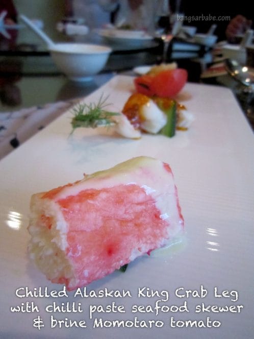 Chilled Alaska king crab leg with chili paste seafood skewer & brine Momotaro tomato