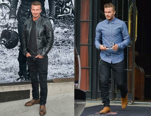 Left: The leather jacket is known as a closet staple and David shows us exactly why. It instantly transforms his otherwise casual t-shirt & jeans look to something a little dressier. Right: A denim shirt can look too casual. To dress it up, be sure to button it all the way to the collar & don’t forget the cuffs to tie it all in. 