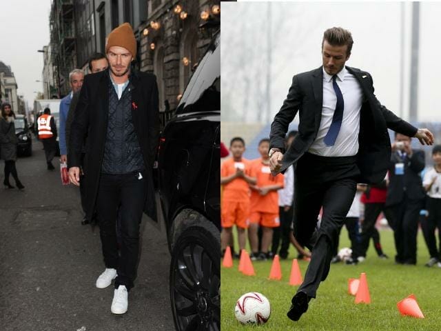 Left: There’s nothing wrong with adding a little bit of texture to your look. On a cold day, a quilted vest not only looks good but helps to keep your body warm. It’s a double duty fashion piece! Right: While you’re not supposed to be playing football in a suit. David does it effortlessly and still looks incredibly sharp in his well-tailored black & white suit with a navy blue tie. 