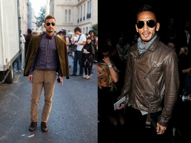 Left: This looks needs no description. Hidetoshi nails it perfectly with a burgundy bowtie & checkered shirt paired up with shades of earthy brown. Just reminds us of the stylish Matt Smith as Dr. Who. Right: Keep your scarf tucked into your jacket for added warmth and to keep it at bay. An embellished well worn brown jacket is an updated take on the black leather jacket staple. 