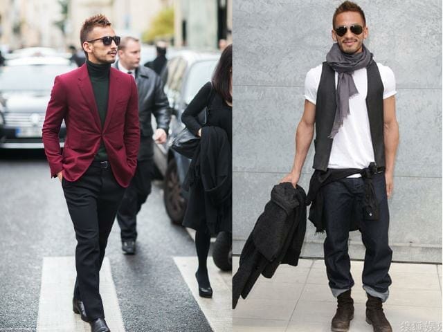 Left: Shades of black, white & navy are safe to have for your suits. However, if you love colour, do not be afraid to mix it up with colours of wine & forest for a sleek fashion forward vibe. Right: You can do so much with a white tee & jeans base. Hidetoshi threw on a vest, scarf with an added jacket around his hips, a great way to layer your outfit if you’re somewhere with temperamental weather. 