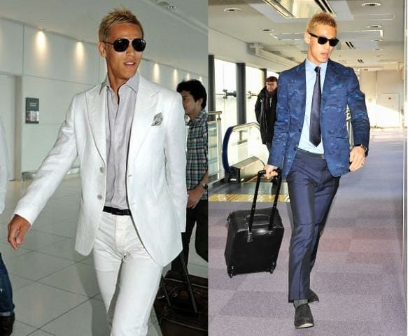 Left: An all white suit is hard to pull off and harder to keep clean, however we can’t help but appreciate the way Keisuke ties up his all white suit with a light grey shirt & pocket square for a hint of colour. Right: Army or camouflage prints are not just for those who are in the army. Opt for a more toned down shade of navy to quickly update your otherwise plain suit. 