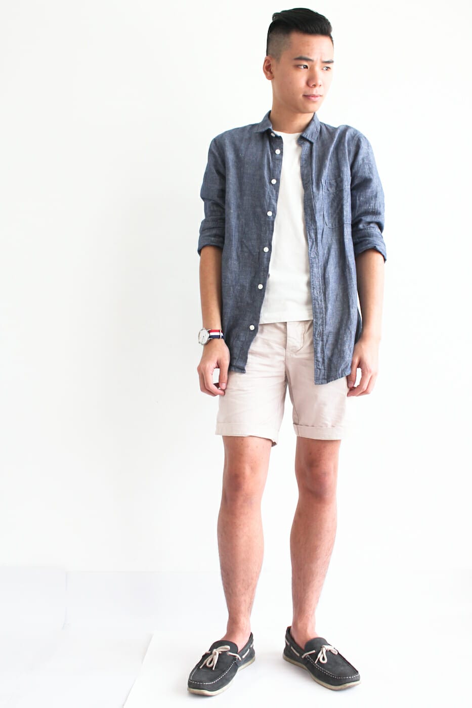 Denim Jacket: H&M, T-shirt: Uniqlo, Shorts: H&M, Watch: Renaissance, Shoes: River Island