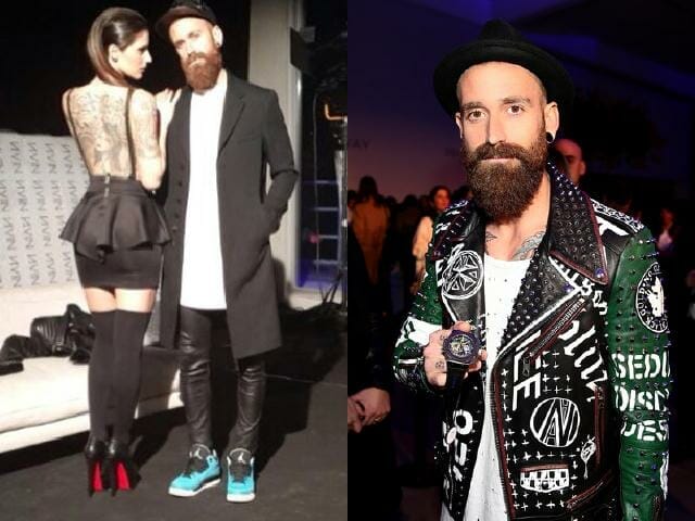 Left: Raul shows us that trench coats & leather pants are still all the rage. He rocks it well with a clean white long shirt & bold turquoise kicks. Right: Despite keeping his tattoos well hidden under this studded jacket, make no mistake that Raul still loves his prints & totally keeps his edgy vibe with this ultimate all over studded jacket. 