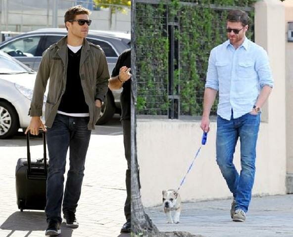 Left: Layering done right for a casual day out. Xabi shows us that it’s okay to be wearing 2 extra shirts under your jacket if you’re feeling chilly. Be sure the colours of your shirt offer a little contrast to keep your look fresh & interesting. Right: There’s no reason to walk your dog in just t-shirt & shorts. With a crisp button down & faded denim jeans, you can go from walking your dog to grabbing a quick pint with your mates in a jiff. 