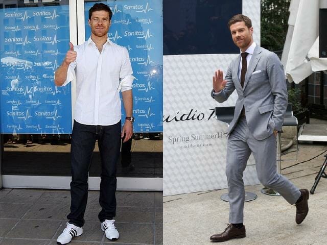 Left: The classic combination of white button down shirt & dark wash denim. You could choose to pair it up with a dark pair of shoes, or do what Xabi did and add a bit of brightness to your look with white sneakers. Right: Marle grey is known as the ultimate neutral shade, be sure to amp up your suit with a hint of brown to add a little warmth to your look. 
